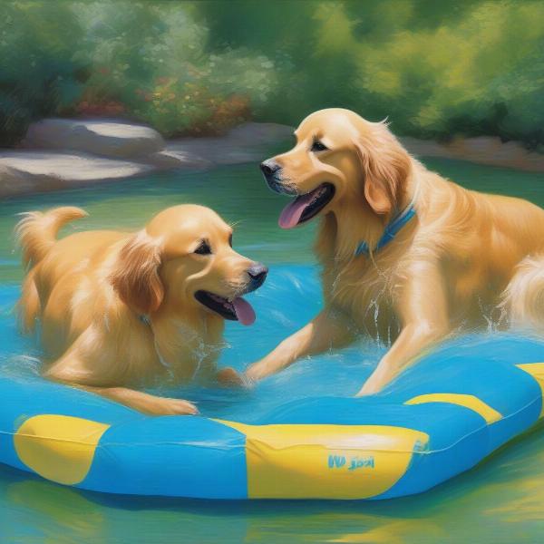 Large Dogs Playing on a Pool Raft