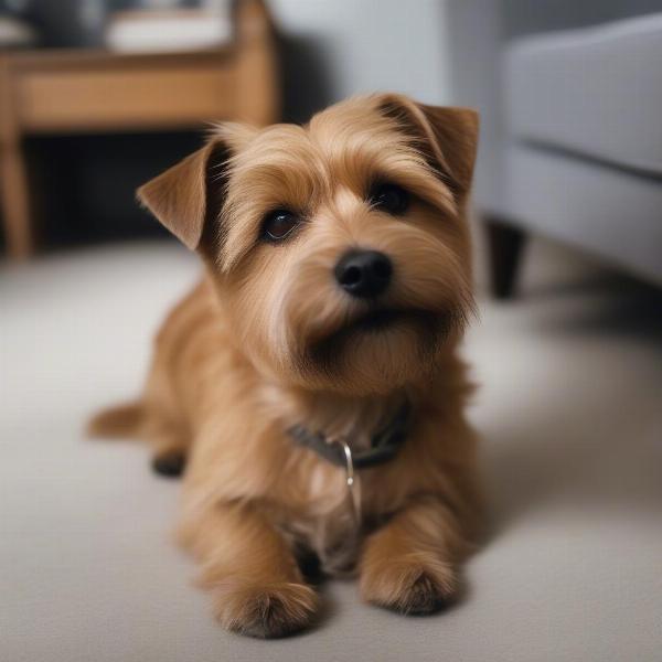 A Norfolk Terrier rescue dog looking happy and healthy