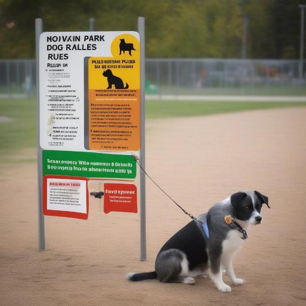 Dog park rules and etiquette signage, leash, and waste bags.