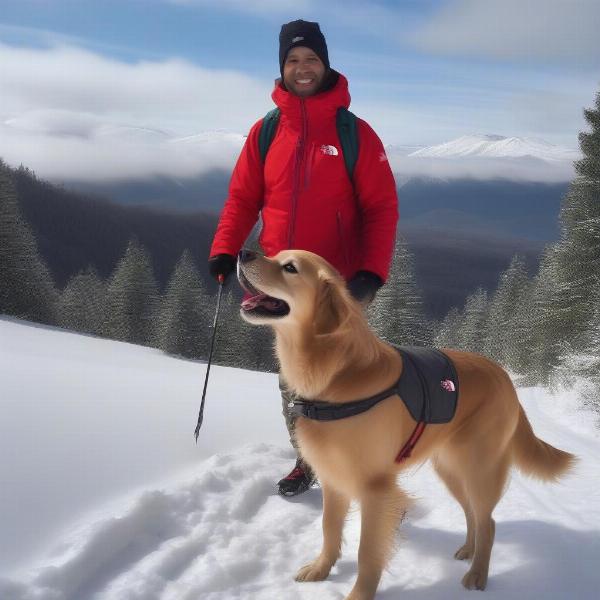 Dog wearing a The North Face jacket on a winter hike