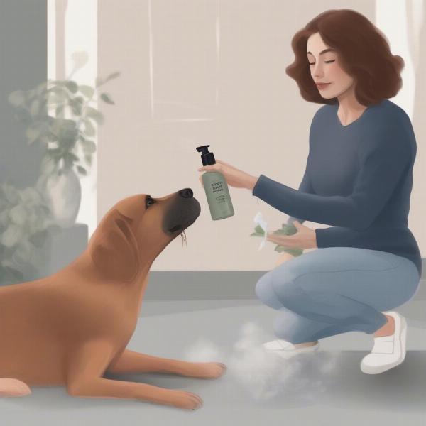 Owner spraying perfume on dog