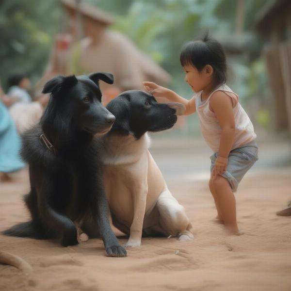 Phu Quoc dog playing with a child