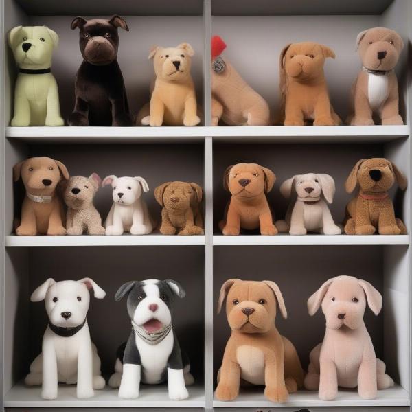 Collection of Plush Pitbulls Displayed on a Shelf