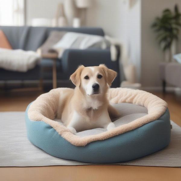 A cozy dog bed with toys in a welcoming home.