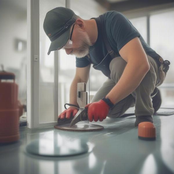 Professional glazier installing a dog flap on a glass door