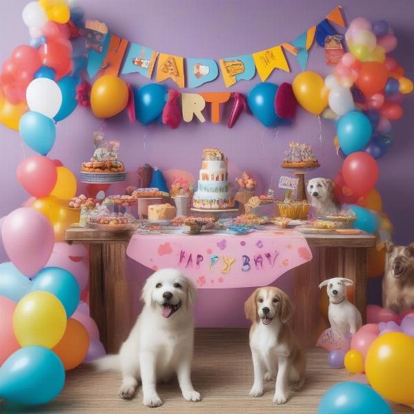 Puppy dog birthday party decorations with balloons, banners, and paw print designs.