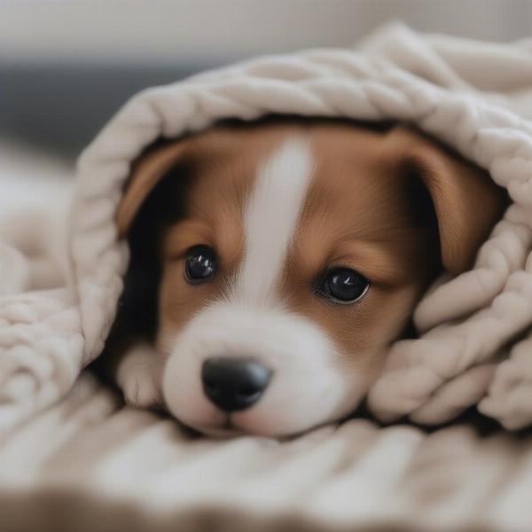 Puppy in Crate with Blanket