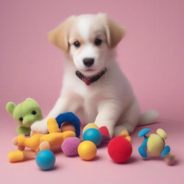 A playful puppy engaging with toys