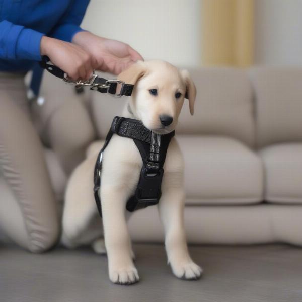 Puppy training with harness and collar