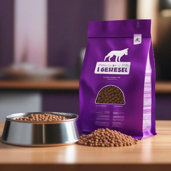 Purple dog food bag on a wooden table with a dog bowl in the background.