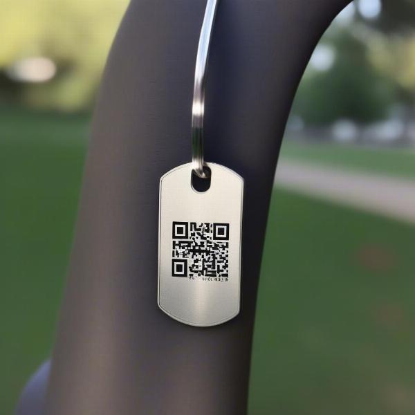 Close-up of a QR code dog tag