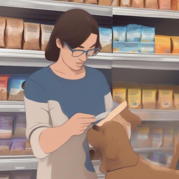 A person carefully examining a dog food label.