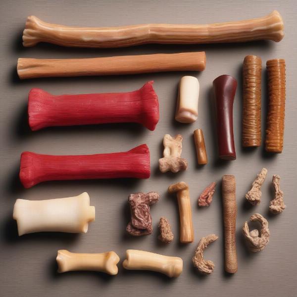 Various Red Barn dog chews including bully sticks, filled bones, and rolled hide