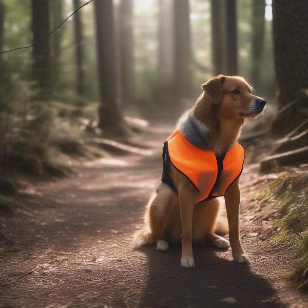 Dog wearing a reflective vest while hiking