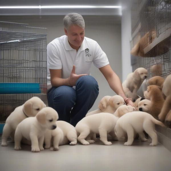 Responsible Ni Dog Breeder Interacting with Puppies