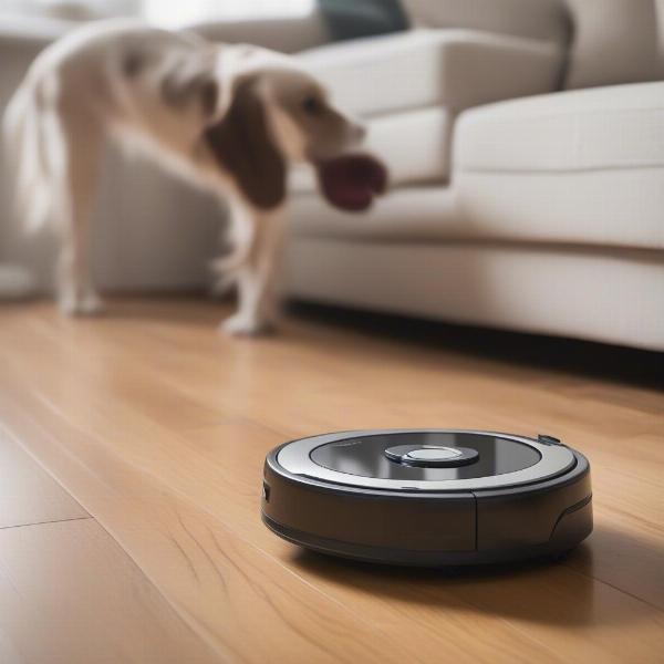 Robot Vacuum Cleaning Dog Hair on Hardwood Floor