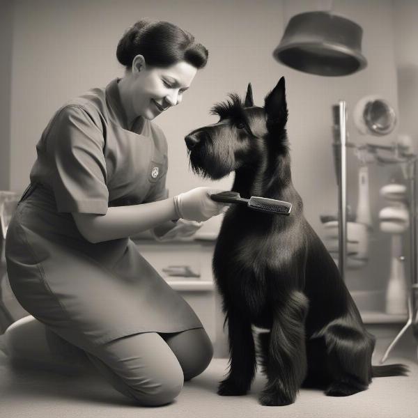 Black Scottish Terrier being groomed