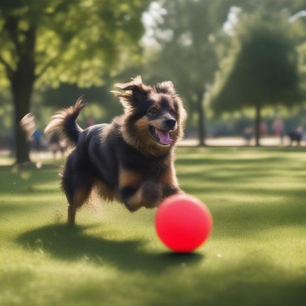 A scruffy dog enjoying playtime in the park