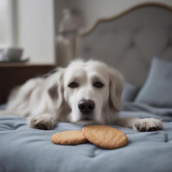 Happy senior dog resting on a silver dog bed and enjoying a biscuit