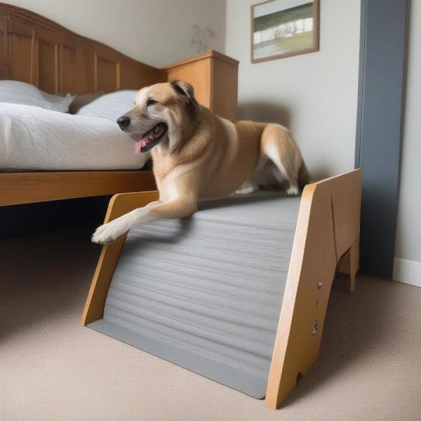 Senior dog using ramp for elevated dog bed