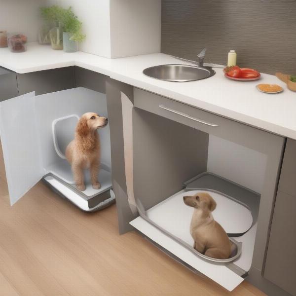 Separate feeding areas for a dog and a parrot