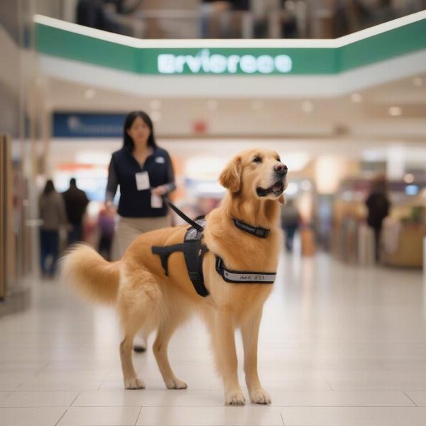 Service dog on leash in a public place