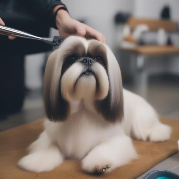 Shih Tzu being groomed