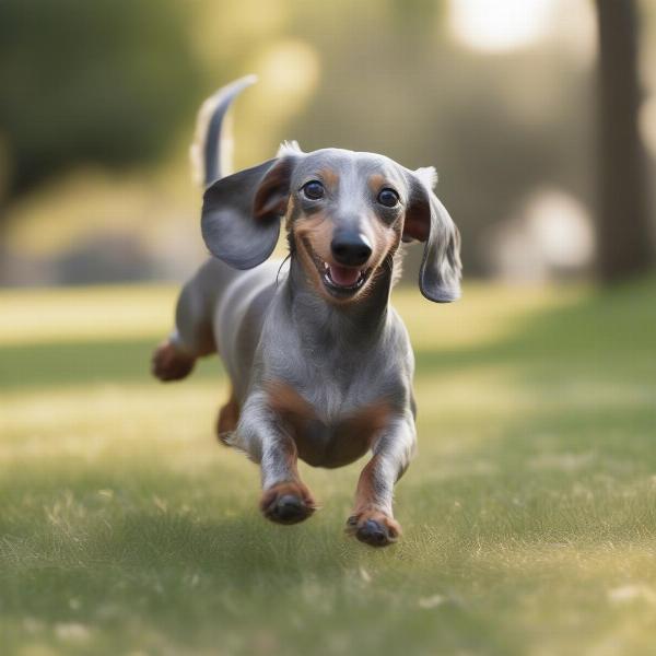 Silver Dapple Dachshund playing fetch in a park