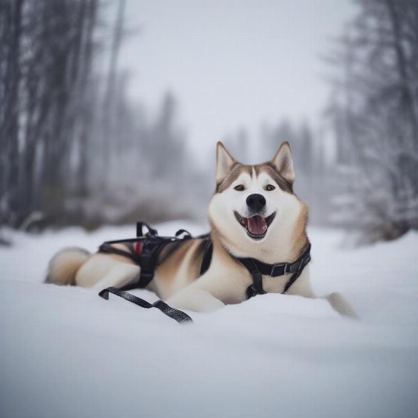 Sled dog resting after a run in the snow