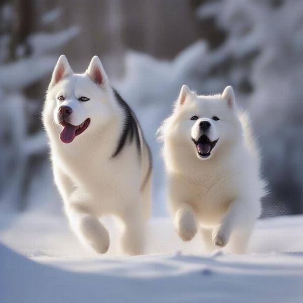 Siberian Husky and Samoyed dogs playing in the snow