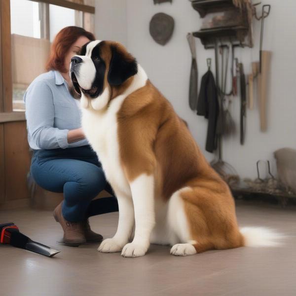 St. Bernard dog being groomed by its owner