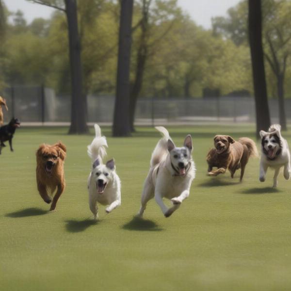 Dogs playing freely in the off-leash area of Stanley Park Dog Park