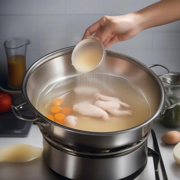 Straining homemade chicken broth for dogs