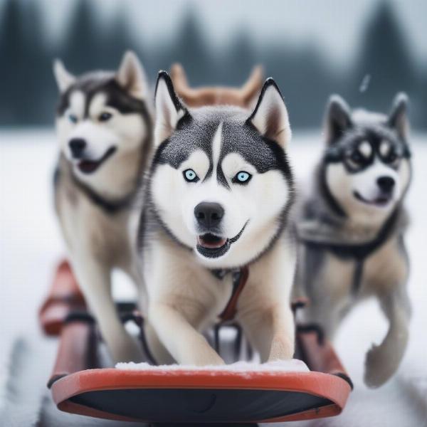 A close-up of a husky team pulling a sled in Telluride