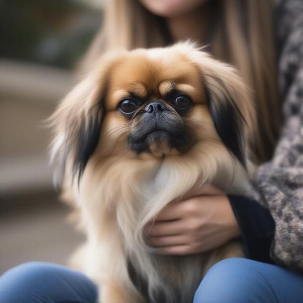 Tibetan Spaniel sitting on a person's lap