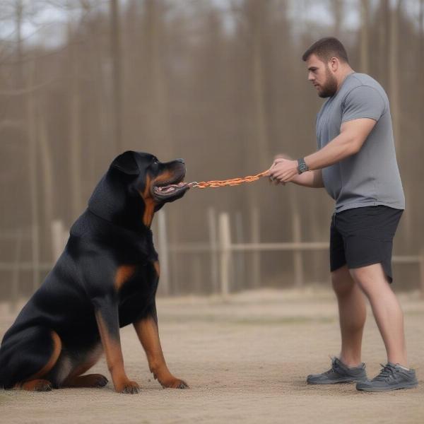 A man training a large breed dog with obedience commands.