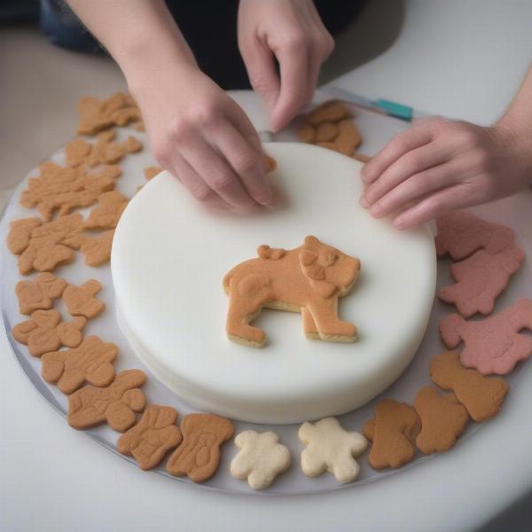 Decorating a dog cake with dog treats.