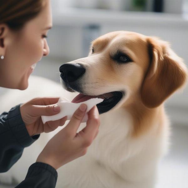 Using dog tooth wipes on a dog