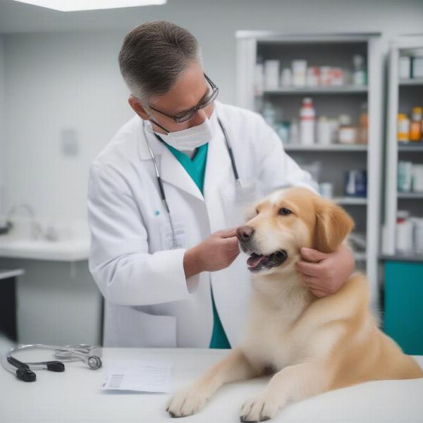 A veterinarian examining a dog