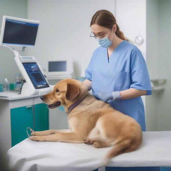 Veterinarian examining a dog.