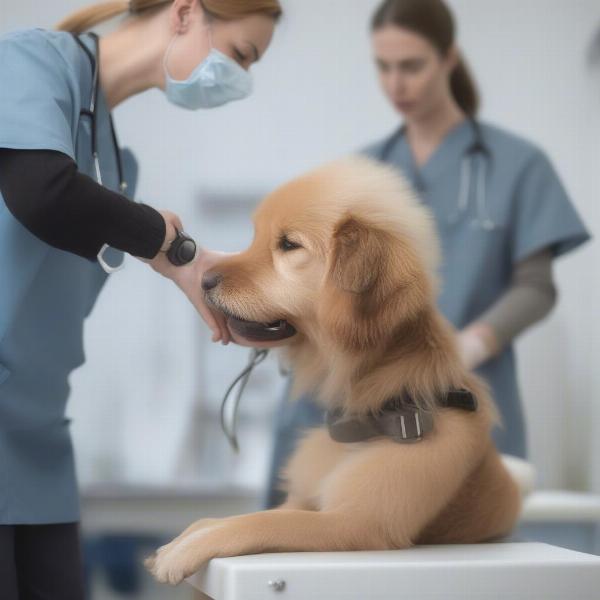 A veterinarian examining a dog