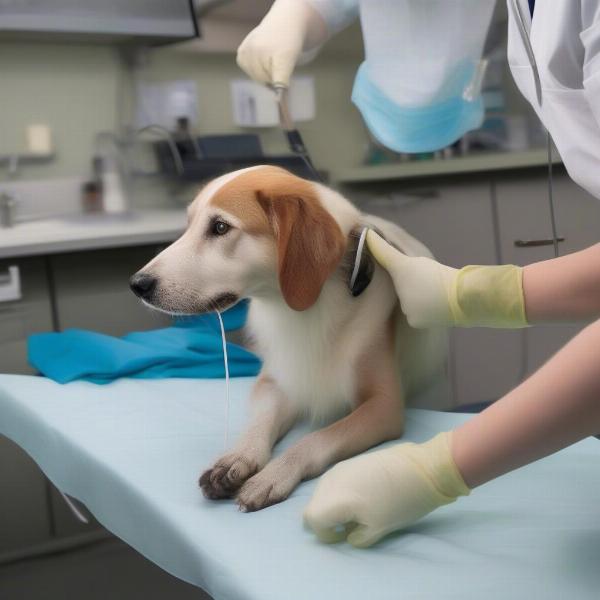 Veterinarian removing a Penrose drain from a dog