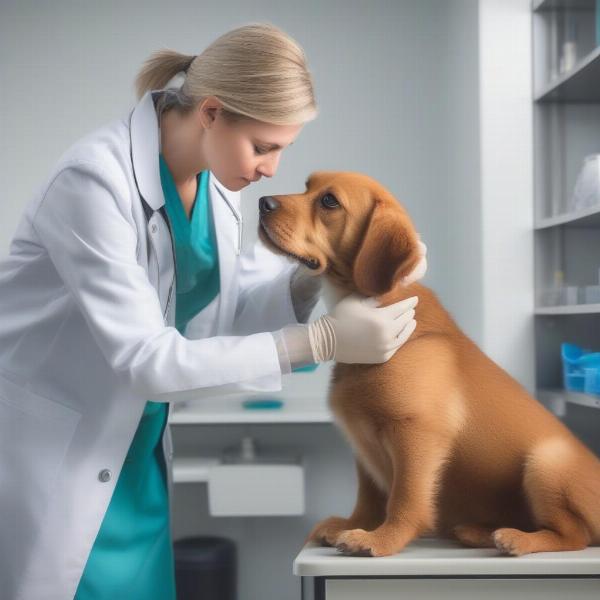 Vet checking dog for allergies