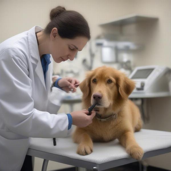 Veterinarian examining a dog for signs of abuse