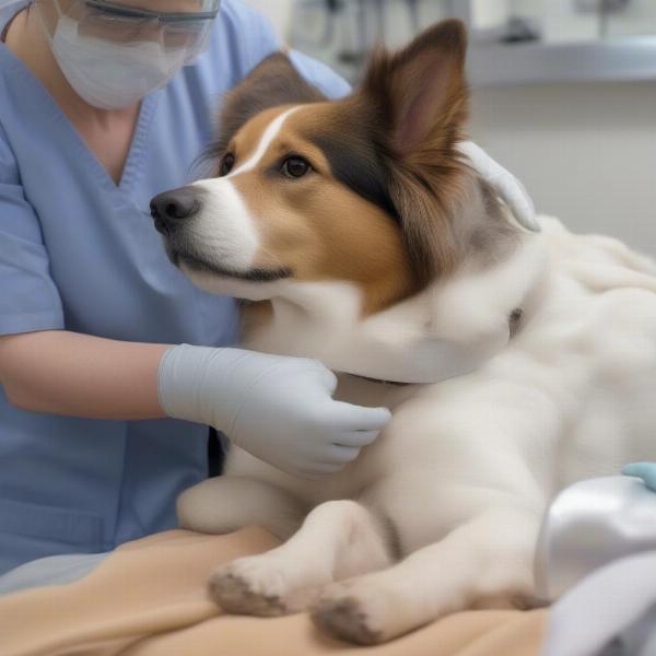 Veterinarian examining dog after tummy tuck