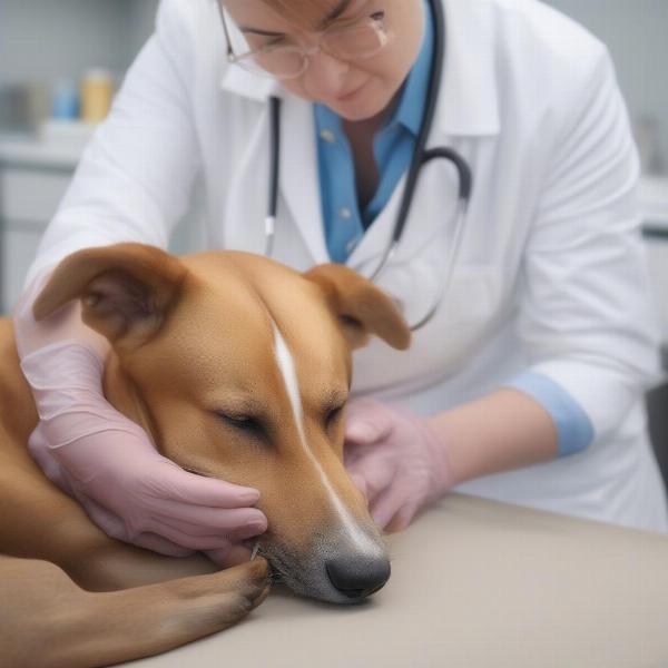 Veterinarian examining a dog for digestion problems