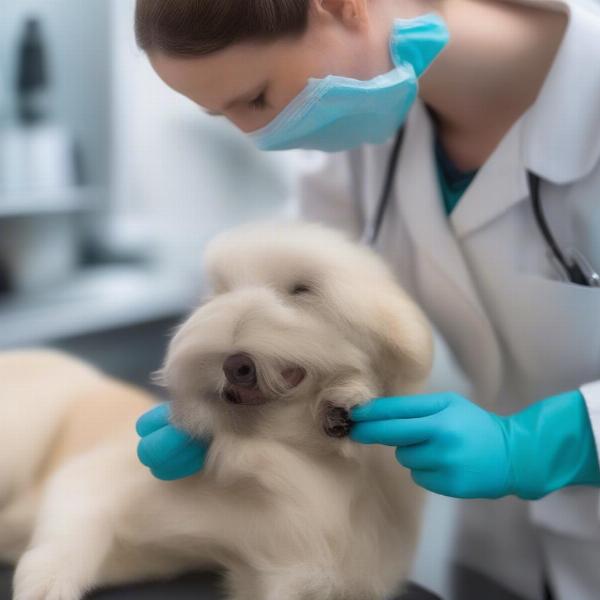 Veterinarian examining dog's skin