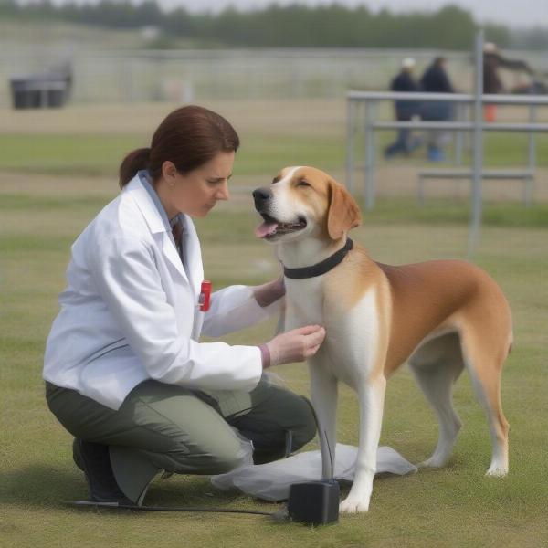 A veterinarian examining a field trial dog.