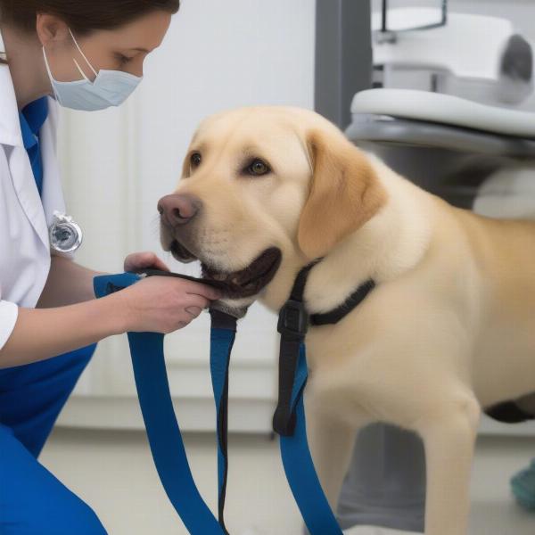 Veterinarian Fitting a Dog with a Hip Brace