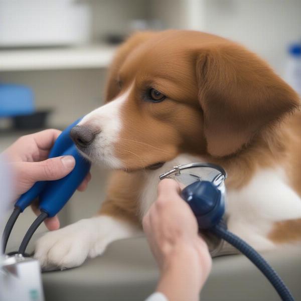 Veterinarian Using a Doppler Blood Pressure Cuff on a Dog